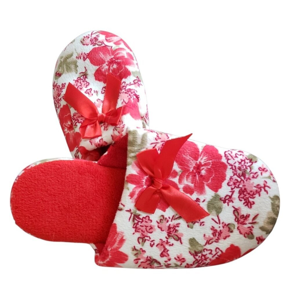 B8 Zheng Floral Womens Plush Slip-On  Slippers With Red Bow White/Red Size 40/41